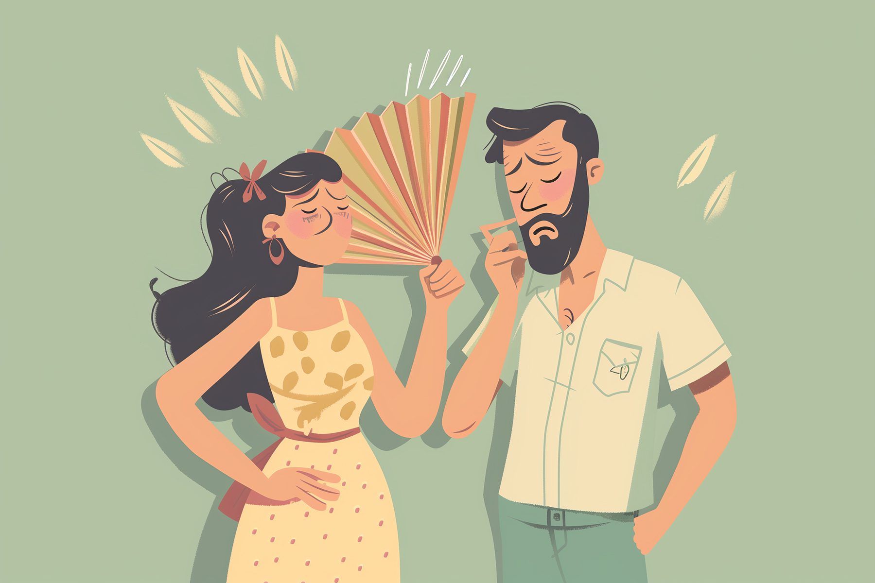 Woman fanning husband confused Woman fanning husband confused